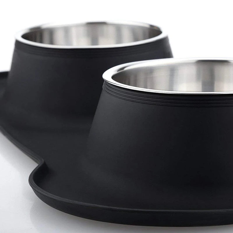 Anti-Slip Double Dog Bowl - Stainless Steel with Mat