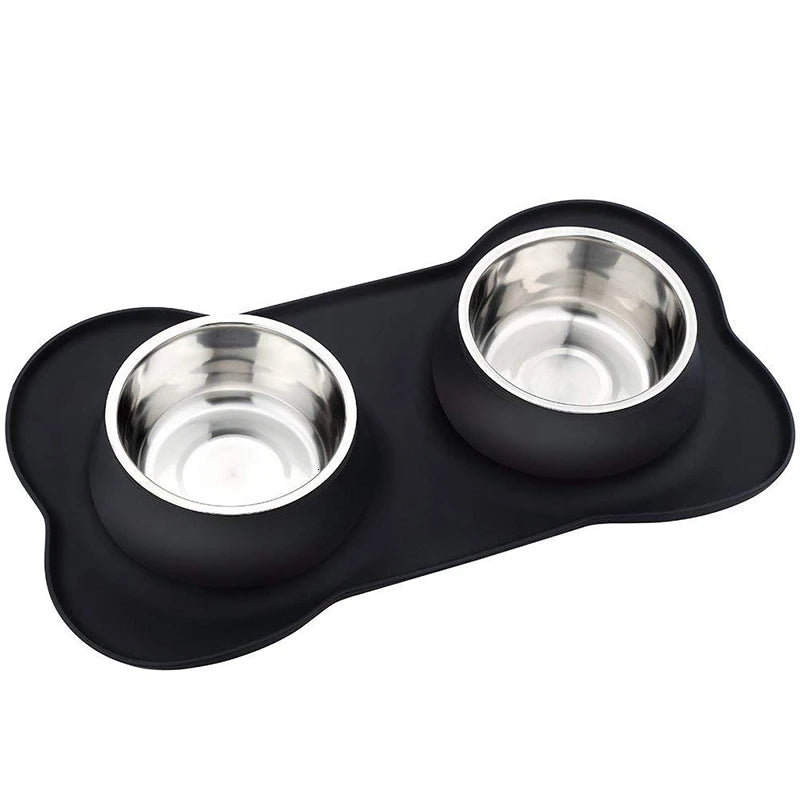 Anti-Slip Double Dog Bowl - Stainless Steel with Mat