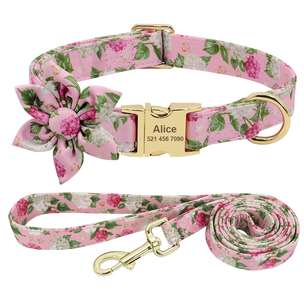 Custom Engraved Dog Collar with Leash - Nylon Printed ID Collar & Walking Belt for Small, Medium & Large Dogs