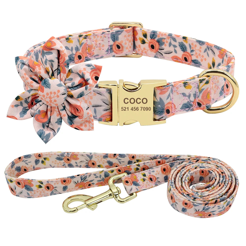 Custom Engraved Dog Collar with Leash - Nylon Printed ID Collar & Walking Belt for Small, Medium & Large Dogs