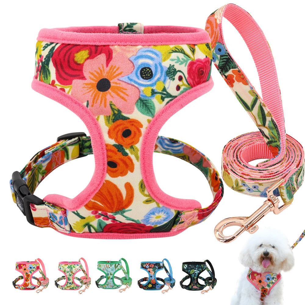 Floral Dog Harness and Leash Set - Adjustable Vest for All Sizes