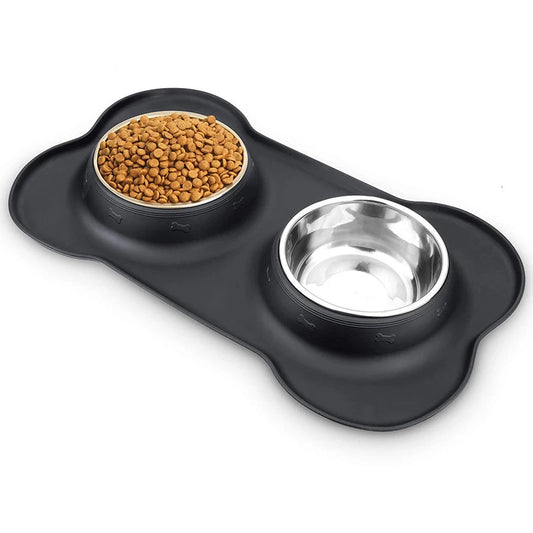 Anti-Slip Double Dog Bowl - Stainless Steel with Mat