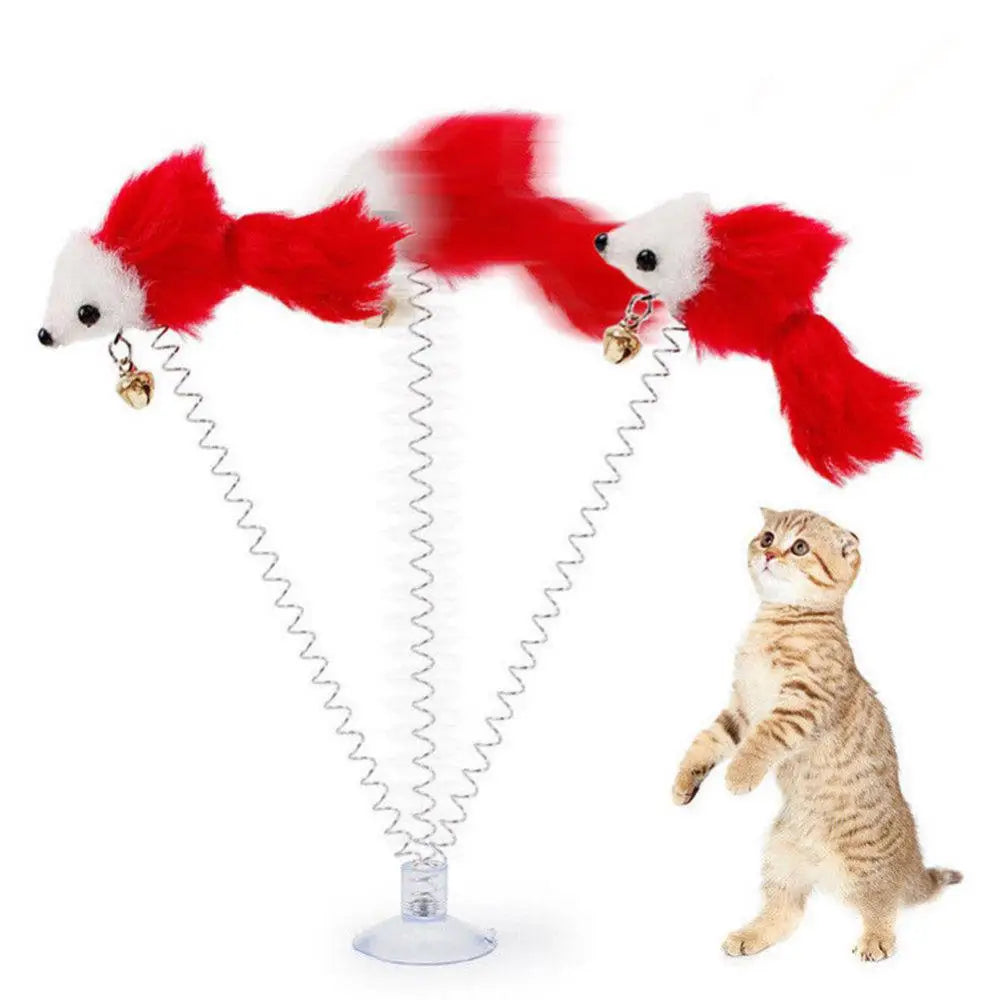 Spring Feather Cat Toy - Suction Cup Mouse Teaser with Bell