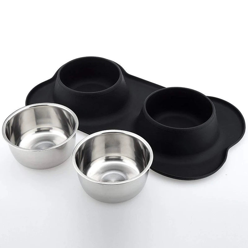 Anti-Slip Double Dog Bowl - Stainless Steel with Mat