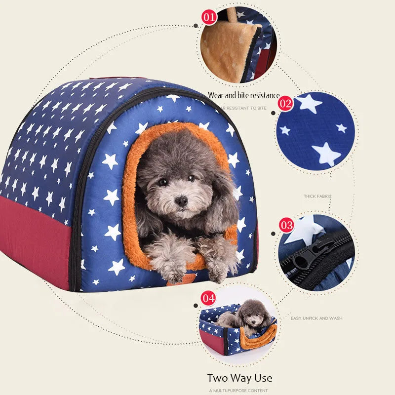 Star Print Dog House - Foldable Warm Kennel Mat