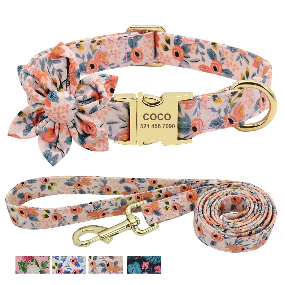 Custom Engraved Dog Collar with Leash - Nylon Printed ID Collar & Walking Belt for Small, Medium & Large Dogs