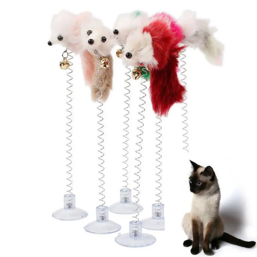 Spring Feather Cat Toy - Suction Cup Mouse Teaser with Bell