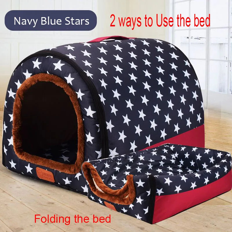 Star Print Dog House - Foldable Warm Kennel Mat