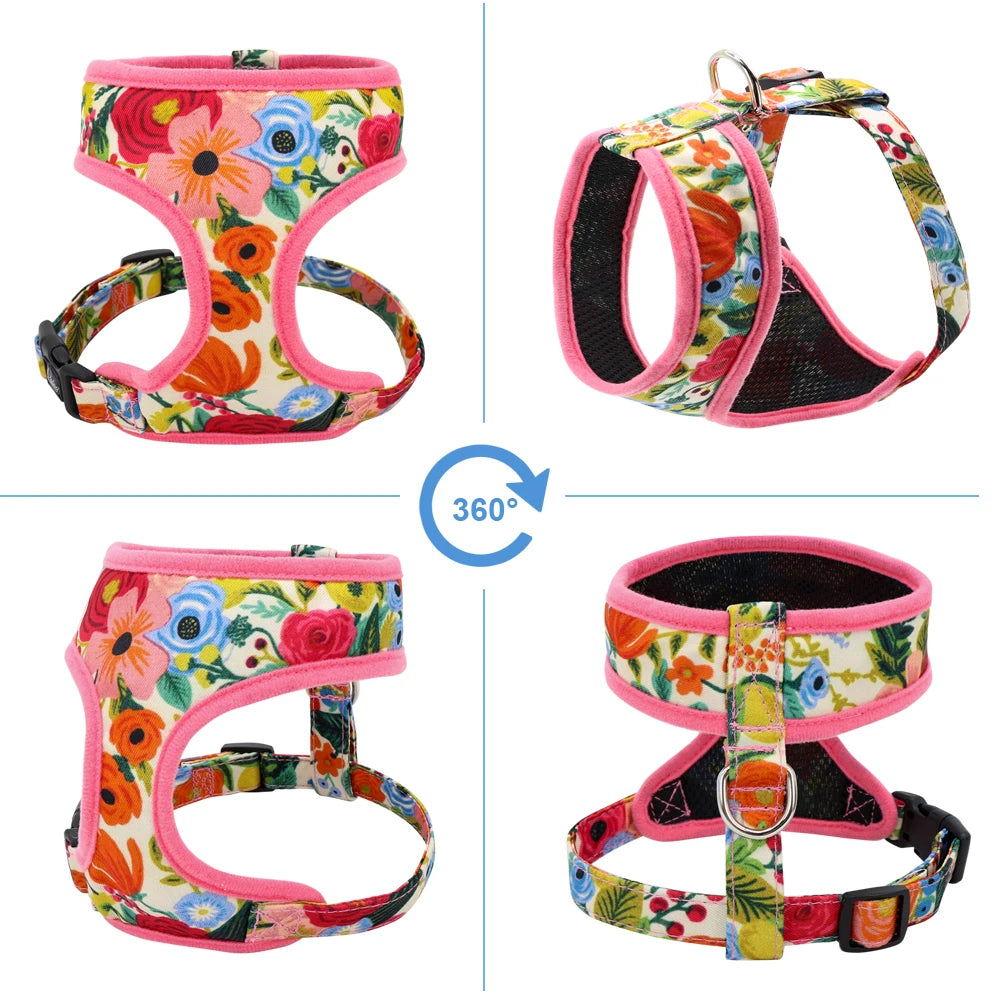Floral Dog Harness and Leash Set - Adjustable Vest for All Sizes