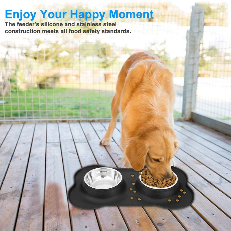 Anti-Slip Double Dog Bowl - Stainless Steel with Mat