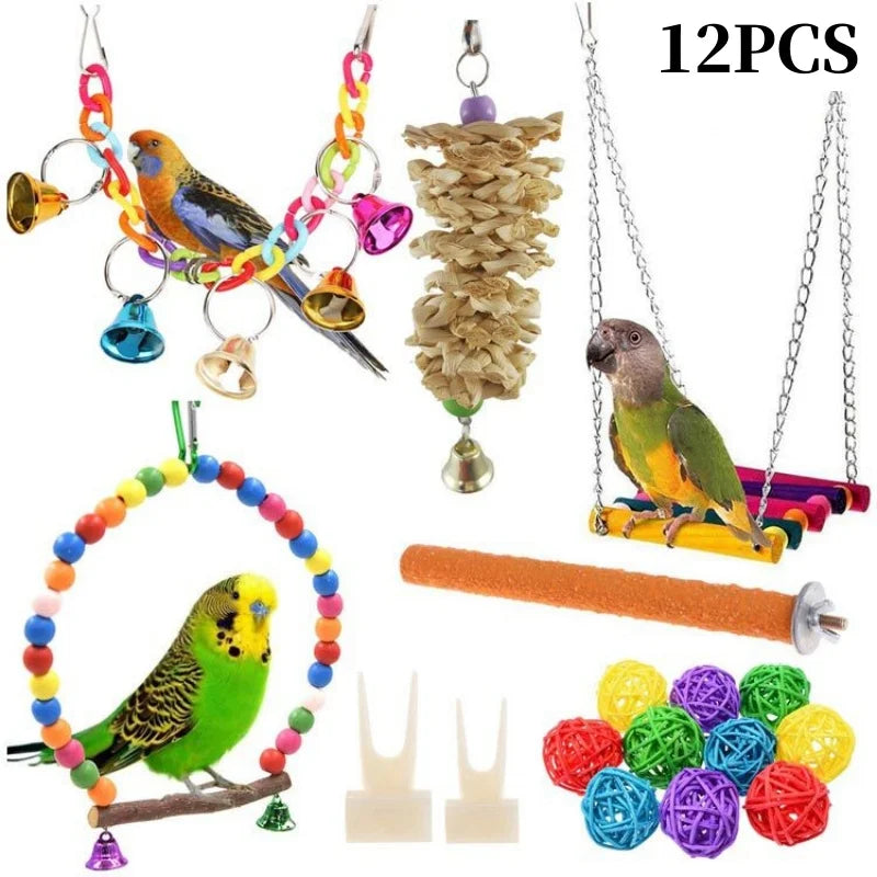 Colorful Wooden Bird Toys - Swing Hammock & Chewing Toys Set for Parrots