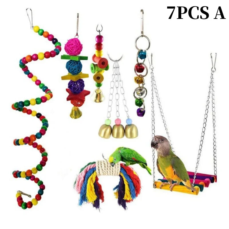 Colorful Wooden Bird Toys - Swing Hammock & Chewing Toys Set for Parrots