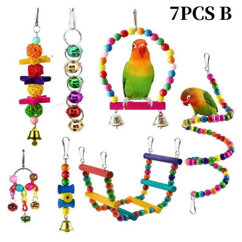 Colorful Wooden Bird Toys - Swing Hammock & Chewing Toys Set for Parrots