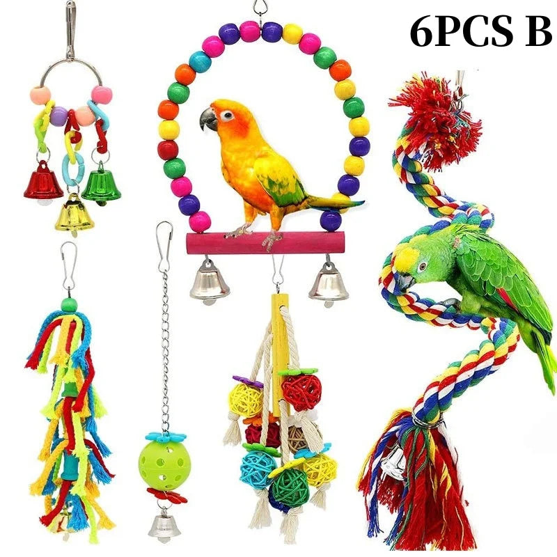 Colorful Wooden Bird Toys - Swing Hammock & Chewing Toys Set for Parrots