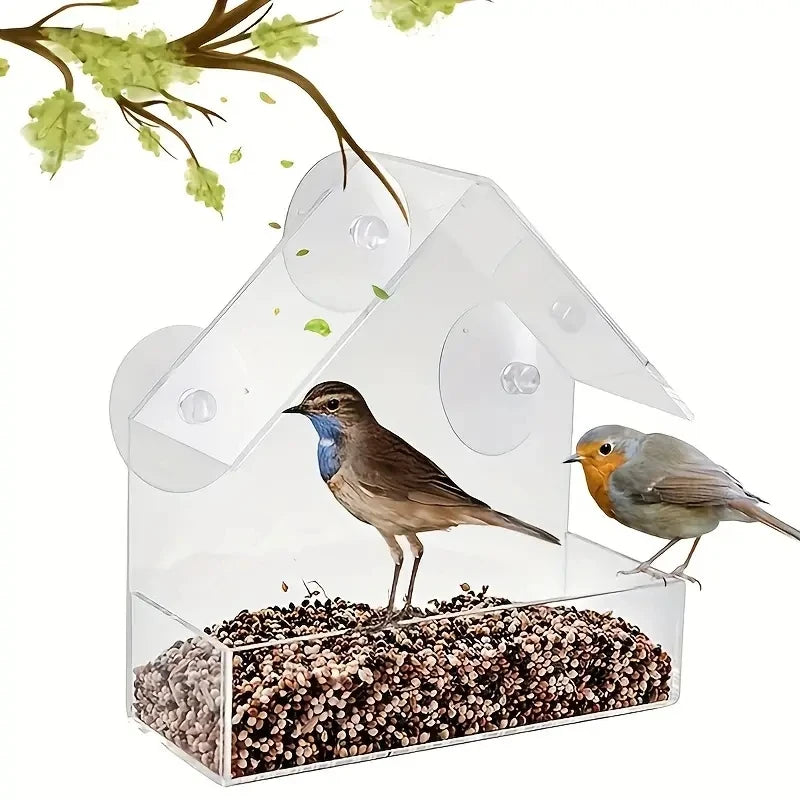 Acrylic Bird Feeder - Clear Window Hanging Feeder with Suction Cup for Outdoor Garden & Backyard