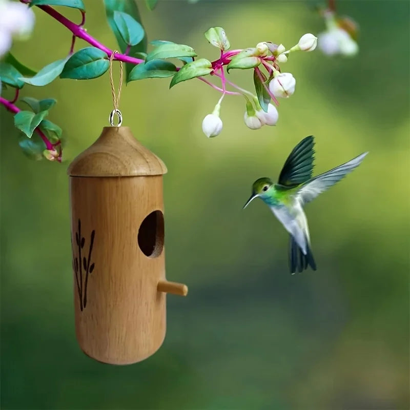 Wooden Hanging Hummingbird House - Mini Bird Nest Cage for Outdoor Patio & Garden Decoration