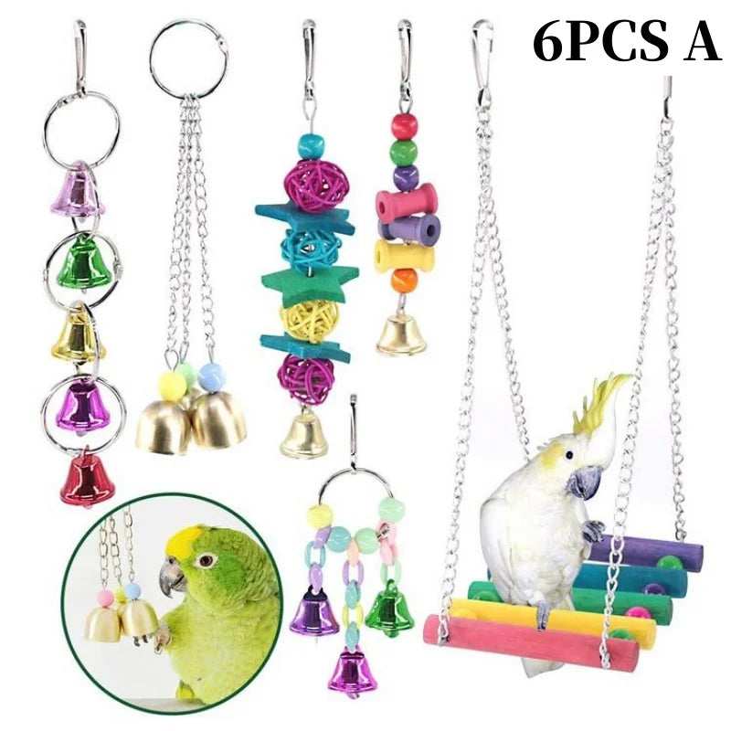 Colorful Wooden Bird Toys - Swing Hammock & Chewing Toys Set for Parrots