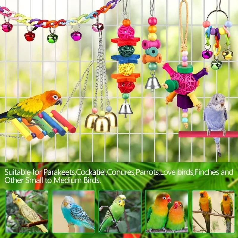 Colorful Wooden Bird Toys - Swing Hammock & Chewing Toys Set for Parrots