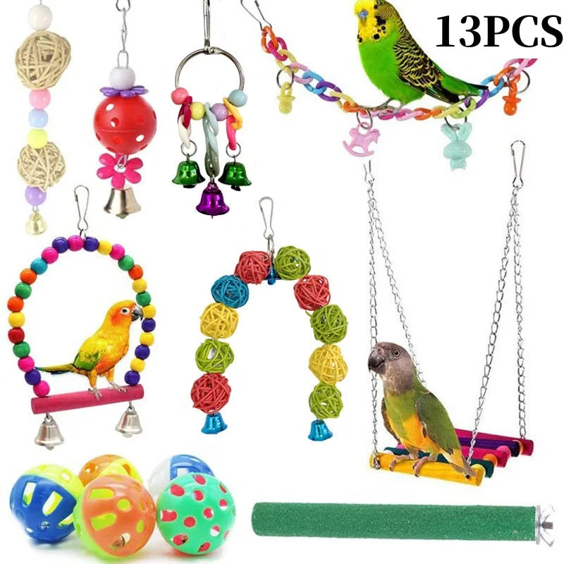 Colorful Wooden Bird Toys - Swing Hammock & Chewing Toys Set for Parrots