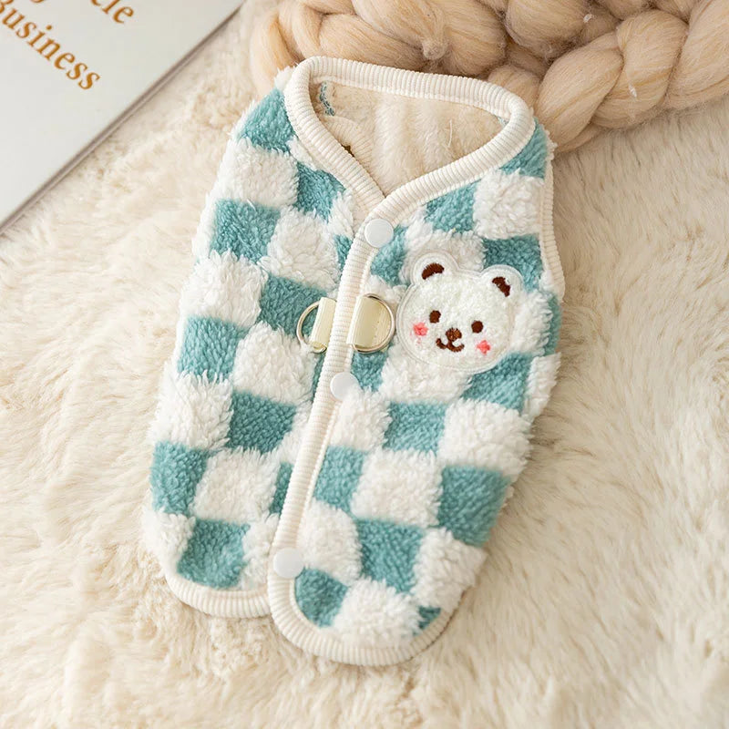 Bear Print Plush Sweater - Button Jacket for Small Dogs