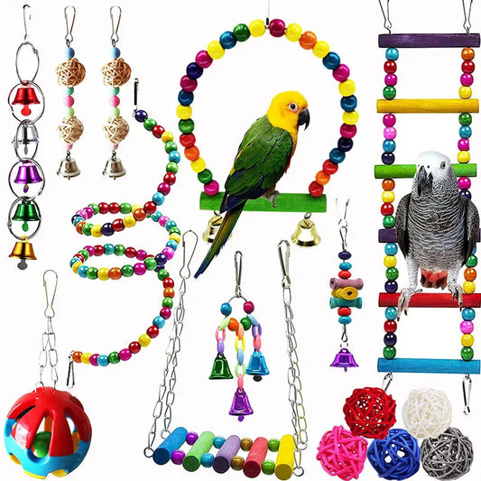 Colorful Wooden Bird Toys - Swing Hammock & Chewing Toys Set for Parrots