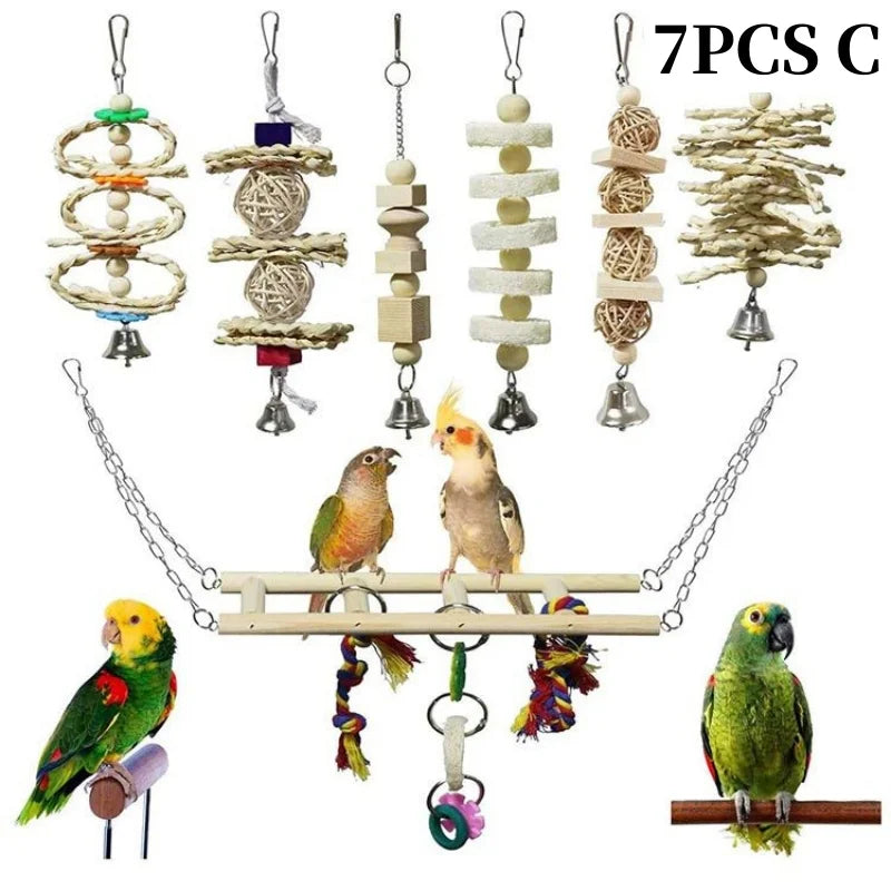 Colorful Wooden Bird Toys - Swing Hammock & Chewing Toys Set for Parrots