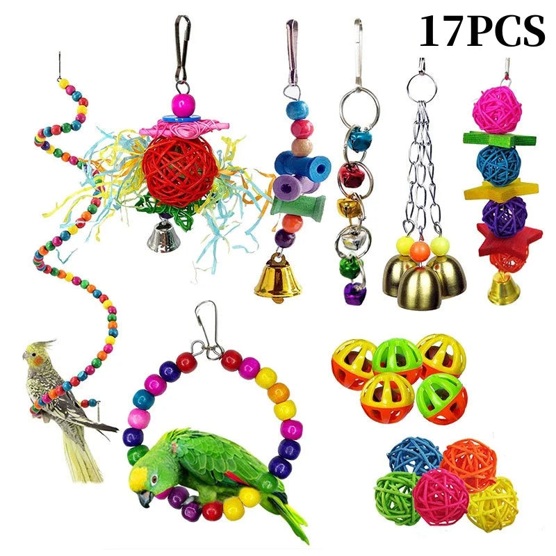 Colorful Wooden Bird Toys - Swing Hammock & Chewing Toys Set for Parrots