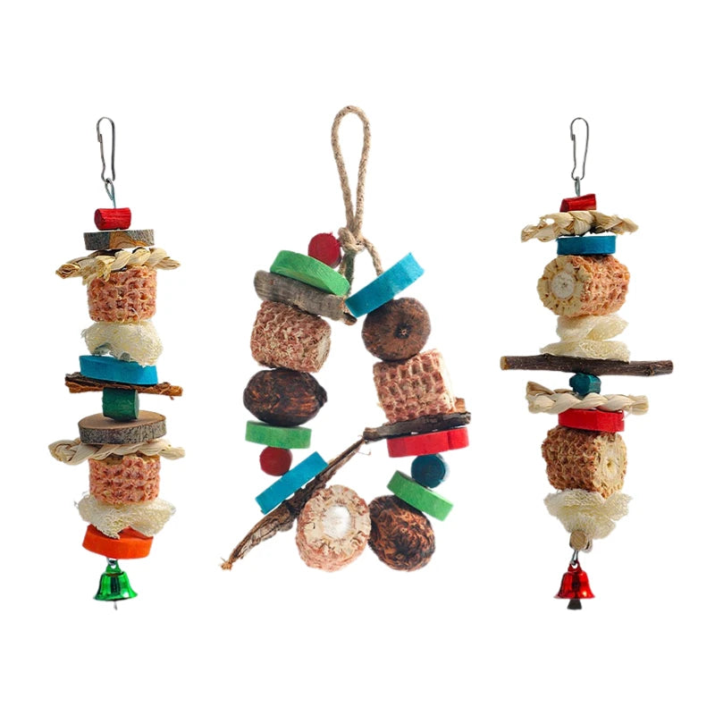 Natural Bird Parrot Chewing Toy - Corn Cob Loofah Wood Combination Hanging Decoration