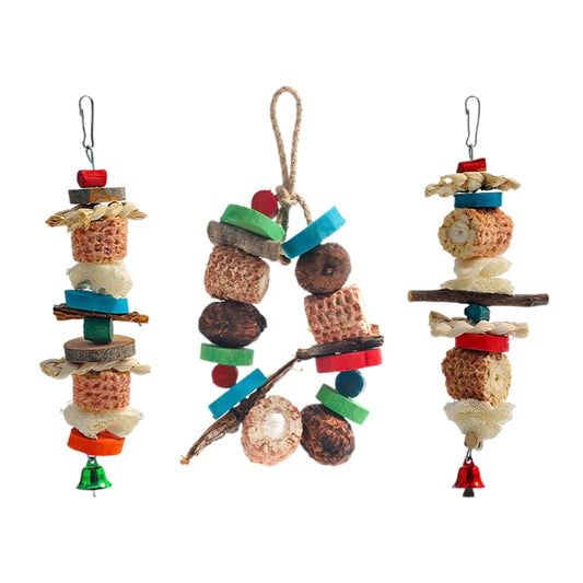 Natural Bird Parrot Chewing Toy - Corn Cob Loofah Wood Combination Hanging Decoration