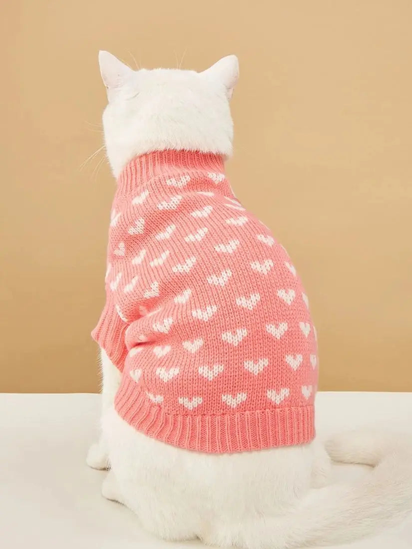 Heart Graphic Cat Sweater - Soft Warm Autumn Clothing