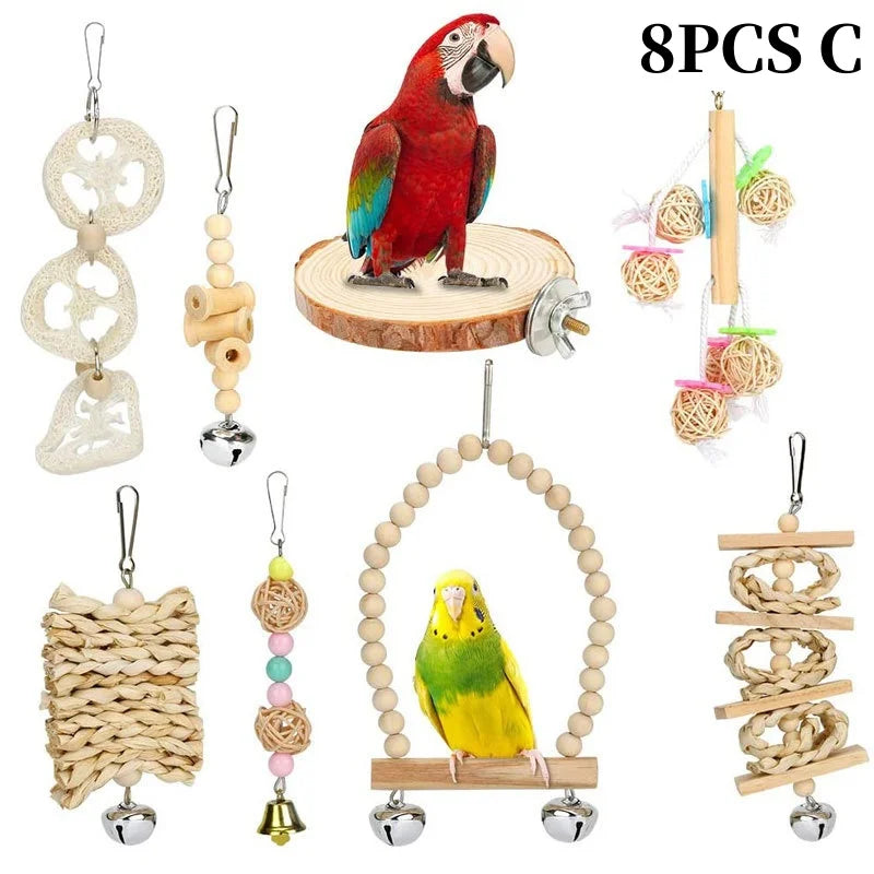Colorful Wooden Bird Toys - Swing Hammock & Chewing Toys Set for Parrots