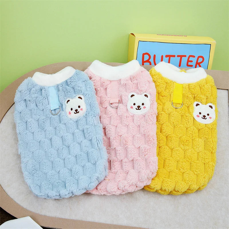 Bear Print Plush Sweater - Button Jacket for Small Dogs