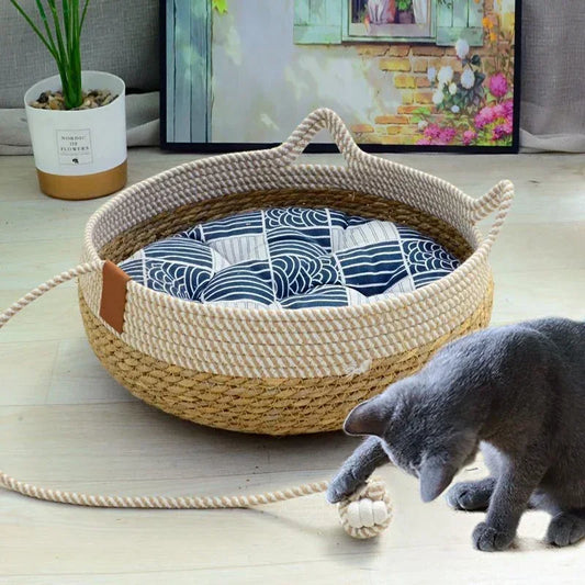 Woven Rattan Cat Bed - Summer Breathable Sleeping House