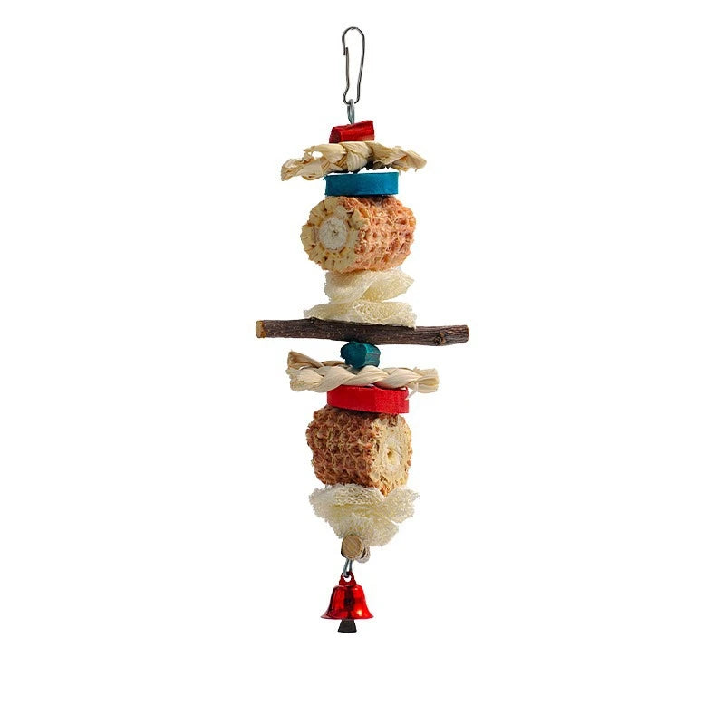 Natural Bird Parrot Chewing Toy - Corn Cob Loofah Wood Combination Hanging Decoration