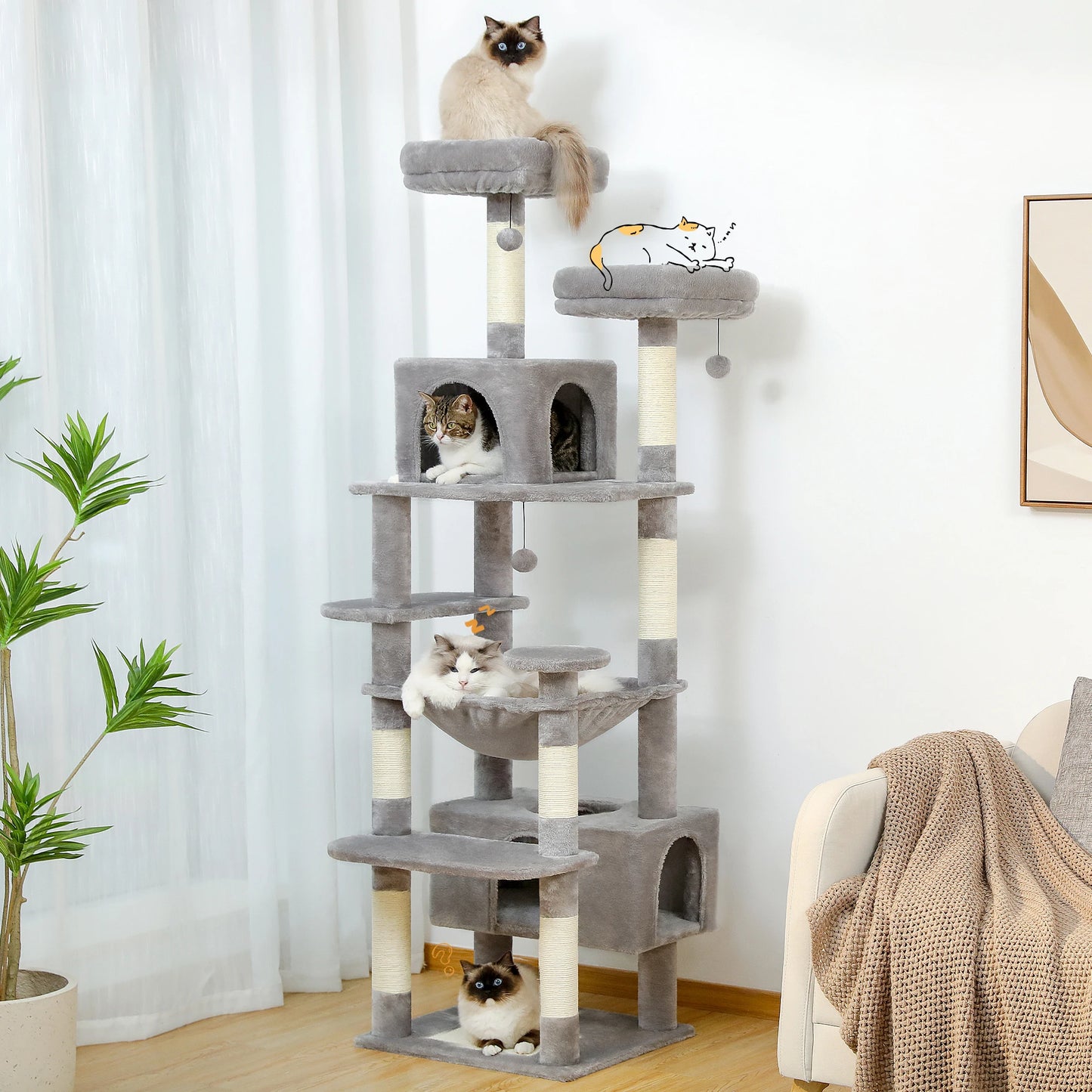 Large Cat Tree Tower - Sisal Scratching Posts with Hammock