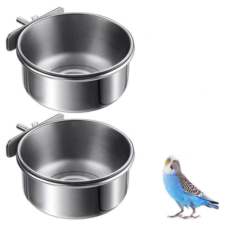 Stainless Steel Bird Feeder - Parrot Food & Water Cup with Clamp Holder for Parakeets & Lovebirds