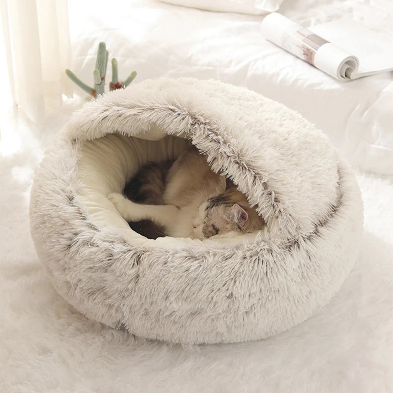 Round Plush Pet Bed - Warm Sleeping Nest with Cover