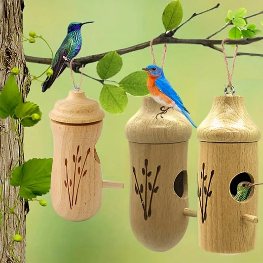 Wooden Hanging Hummingbird House - Mini Bird Nest Cage for Outdoor Patio & Garden Decoration