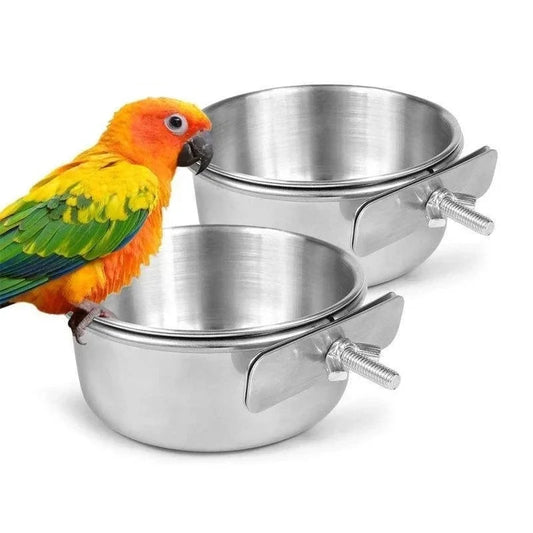Stainless Steel Bird Feeder - Parrot Food & Water Cup with Clamp Holder for Parakeets & Lovebirds
