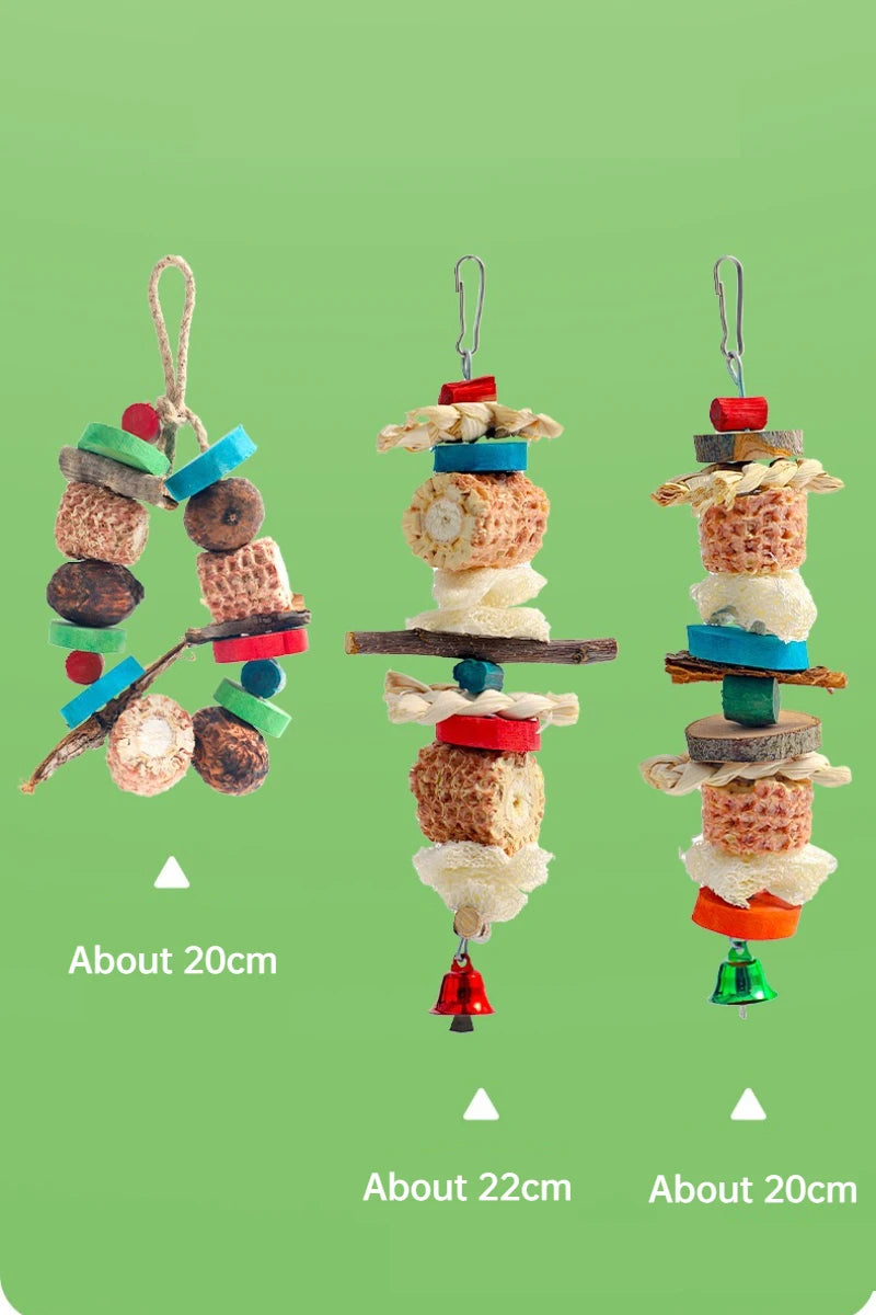 Natural Bird Parrot Chewing Toy - Corn Cob Loofah Wood Combination Hanging Decoration