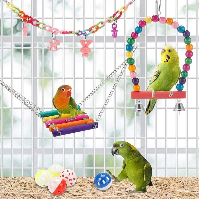 Colorful Wooden Bird Toys - Swing Hammock & Chewing Toys Set for Parrots
