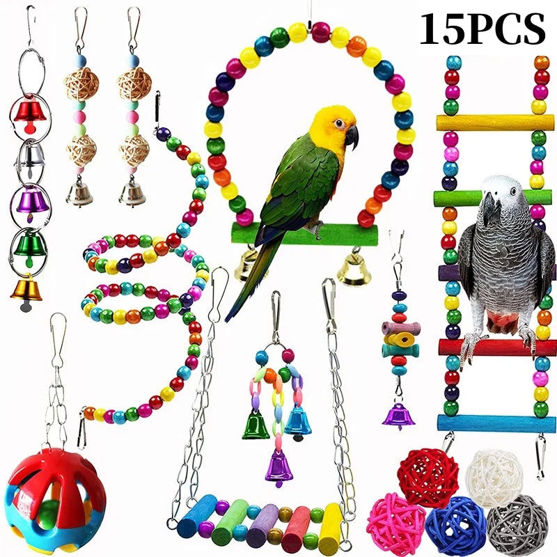 Colorful Wooden Bird Toys - Swing Hammock & Chewing Toys Set for Parrots