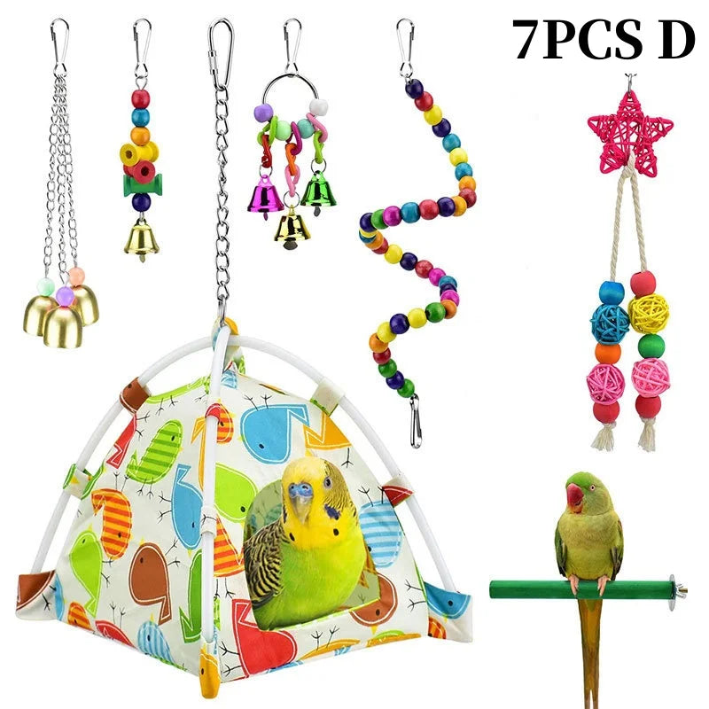 Colorful Wooden Bird Toys - Swing Hammock & Chewing Toys Set for Parrots