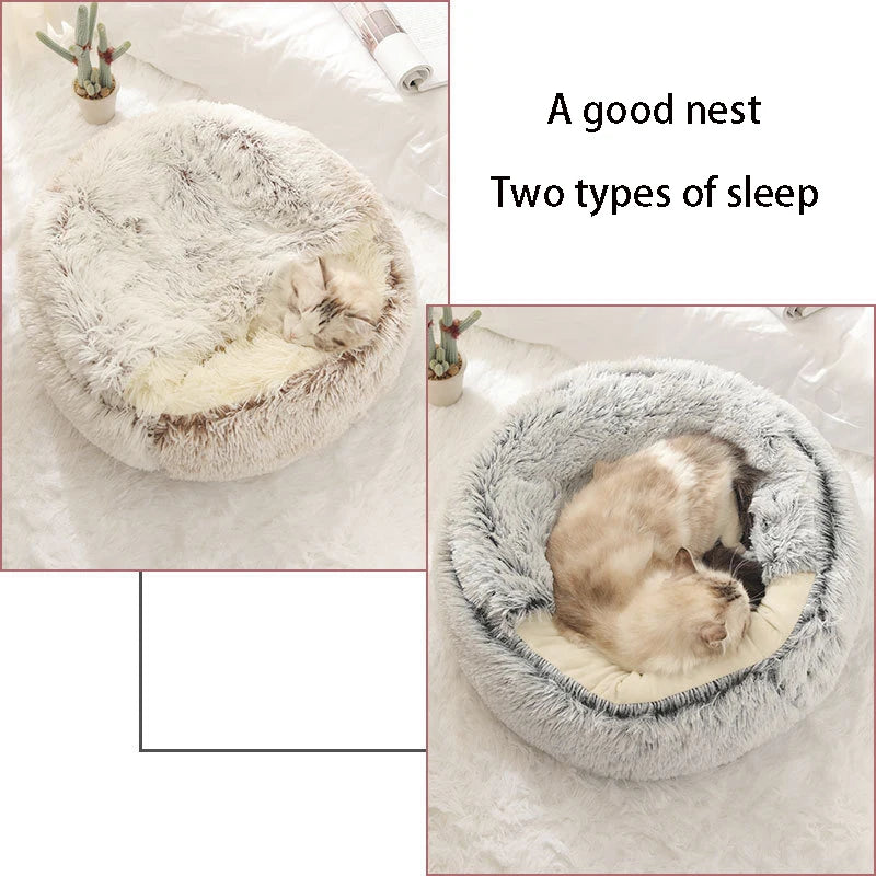Round Plush Pet Bed - Warm Sleeping Nest with Cover