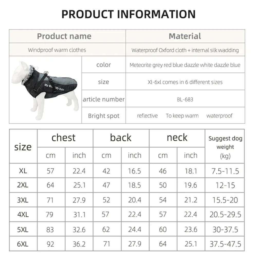 Winter Dog Coat with Fur Collar - Extra Large Sizes XL to 6XL