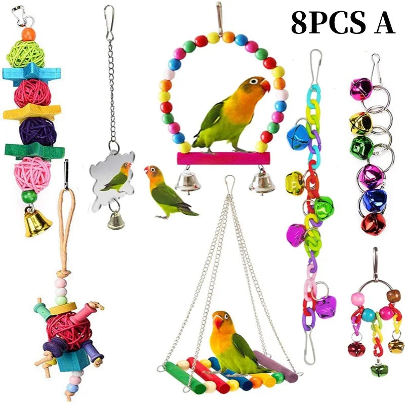 Colorful Wooden Bird Toys - Swing Hammock & Chewing Toys Set for Parrots