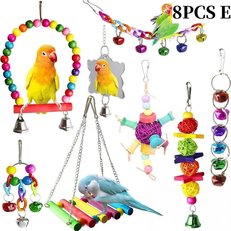Colorful Wooden Bird Toys - Swing Hammock & Chewing Toys Set for Parrots