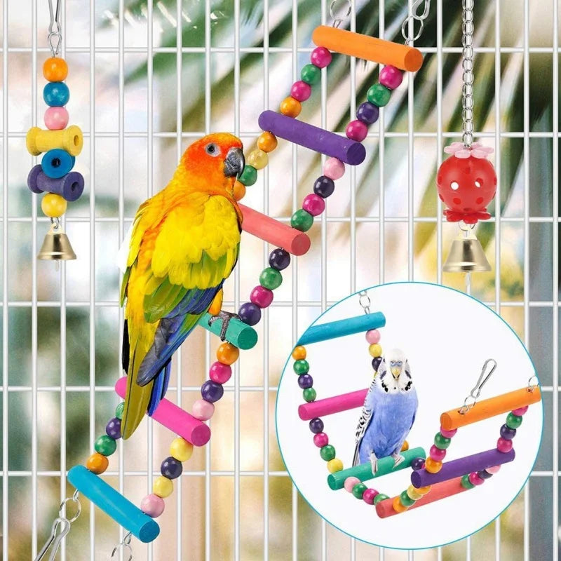Colorful Wooden Bird Toys - Swing Hammock & Chewing Toys Set for Parrots