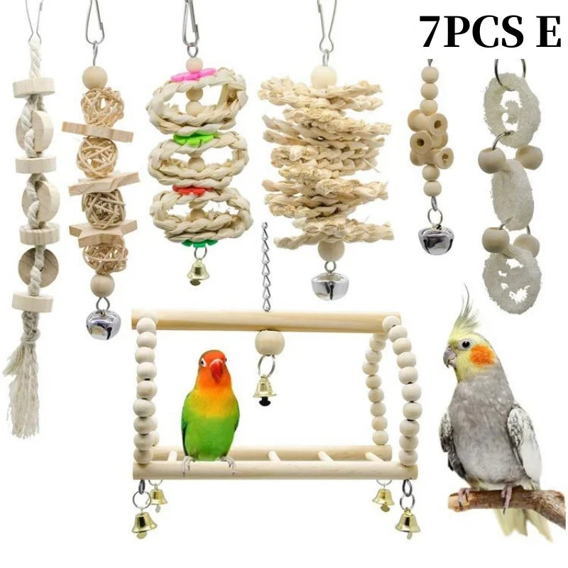 Colorful Wooden Bird Toys - Swing Hammock & Chewing Toys Set for Parrots