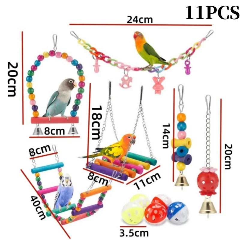 Colorful Wooden Bird Toys - Swing Hammock & Chewing Toys Set for Parrots
